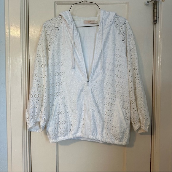 Tory Burch Jacket Zip Up Hoodie White Eyelet Elastic Waist Sheer Sleeves Size M - Picture 2 of 13